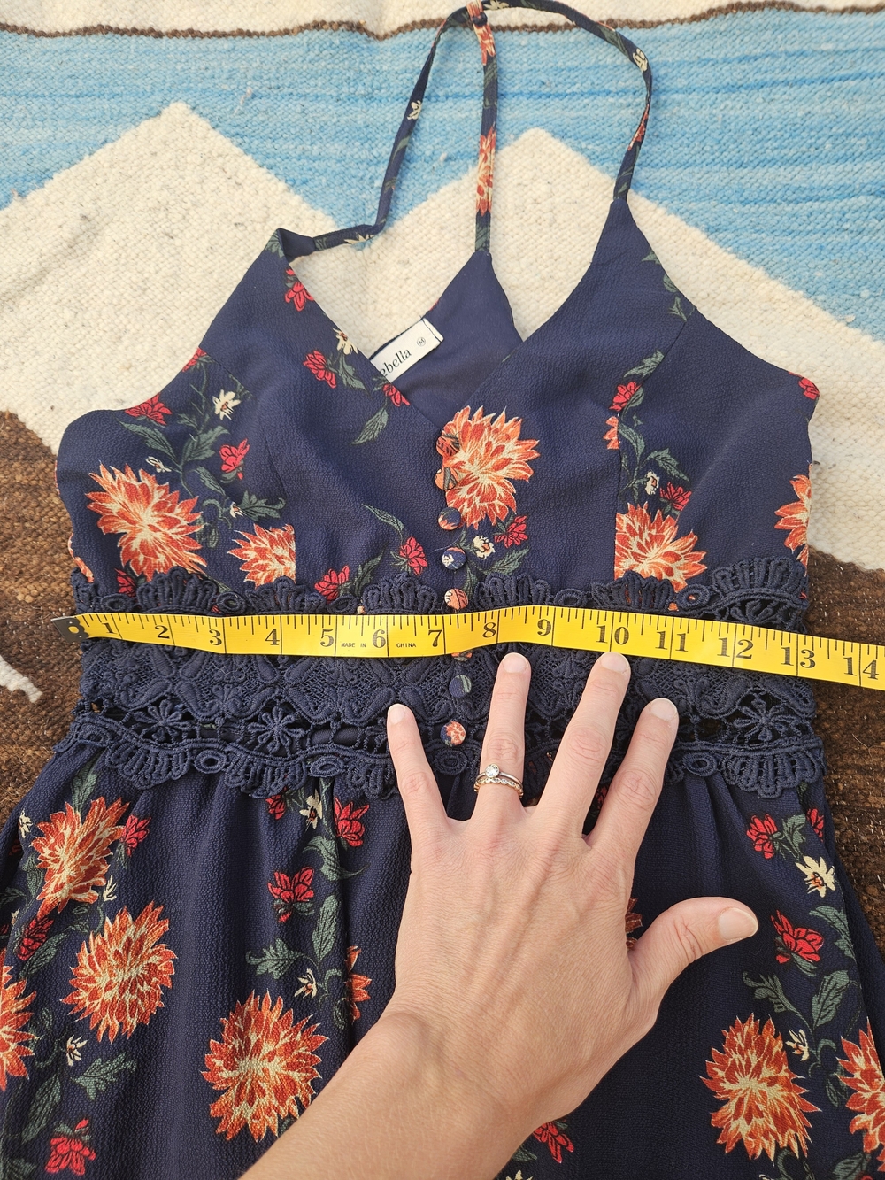 Boho Floral Maxi Dress Navy Blue Orange Floral Lace Waist Cottagecore Size M - Picture 9 of 11